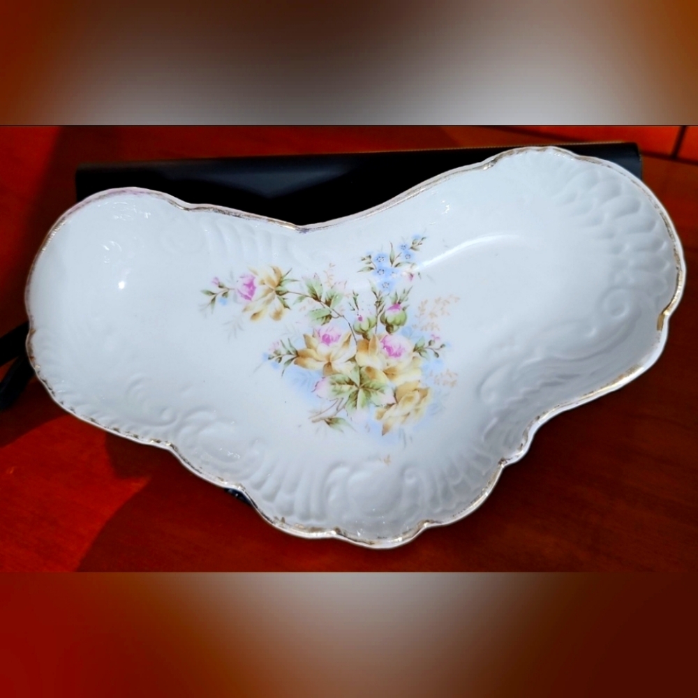 Vintage Porcelain Floral Crescent Bone Dish